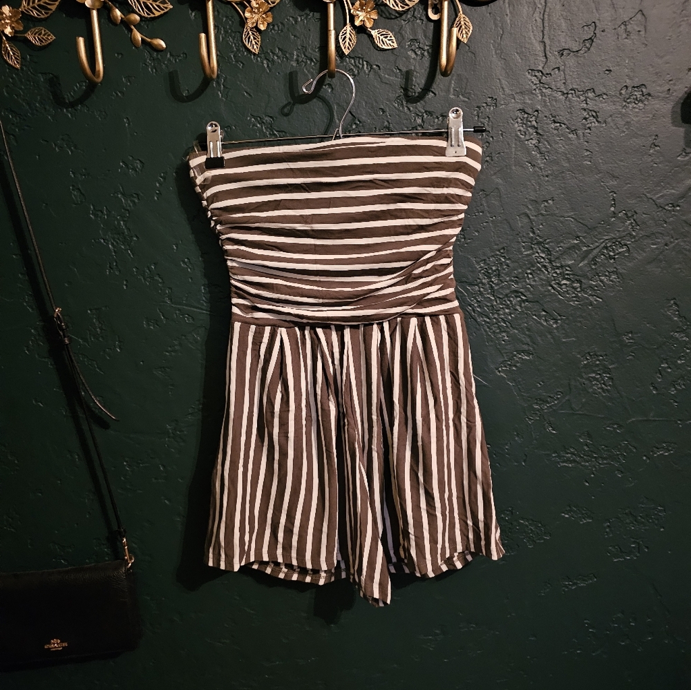 Girls Strapless Olive Green and White Striped One-Piece Romper